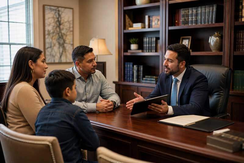familia reunida en consulta con abogado sobre el tps venezolano