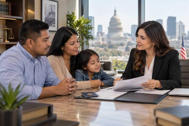 Abogada revisando opciones migratorias con una familia hondureña