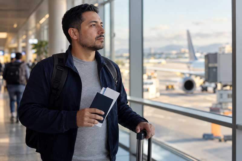 Persona con TPS en un aeropuerto antes de un viaje internacional autorizado