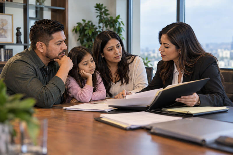 Familia latina consulta con una abogada de inmigración sus alternativas legales ante el fin del TPS